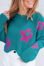 Sea Green 60s Flower Drop Shoulder Hollow Knit Top (size: 1-2-2-2)
