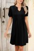 Black Notched Neck Puff Sleeve Pleated T Shirt Dress