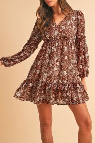 Brown Boho Floral Ruffle Puff Sleeve V Neck Mini Dress (size: (US 12-14)L)