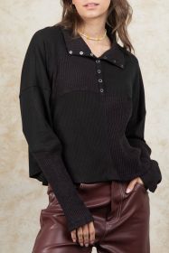 Black Ribbed Knit Drop Sleeve Collared Henley Sweater (size: (US 12-14)L)