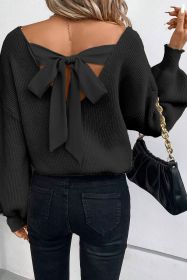 Black Lantern Sleeve V Neck Bowknot Back Sweater (size: (US 12-14)L)