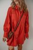 Tomato Red Bishop Sleeve Button-Up Pleated Mini Shirt Dress