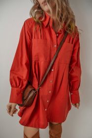 Tomato Red Bishop Sleeve Button-Up Pleated Mini Shirt Dress (size: (US 12-14)L)