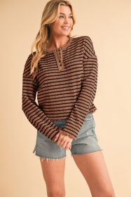 Brown Stripe Textured Long Sleeve Henley Top (size: (US 12-14)L)