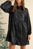 Black Metallic Sheen Puff Sleeve Button Up Mini Shirt Dress