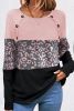 Pink Leopard Textured Patchwork Button Decor Round Neck Top