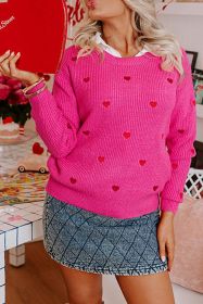 Rose Red Heart Pattern Drop Shoulder Round Neck Sweater (size: (US 12-14)L)