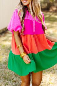 Multicolor Color Block Tiered Puff Sleeve Dress (size: (US 12-14)L)