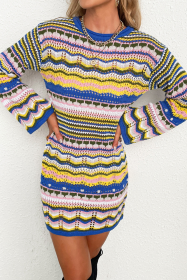 Blue Stripe Long Sleeve Colorblock Midi Sweater Dress (size: (US 12-14)L)