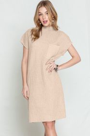 Oatmeal Patch Pocket Ribbed Knit Short Sleeve Sweater Dress (size: (US 12-14)L)