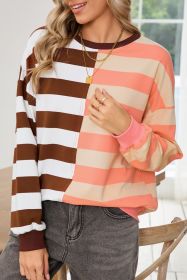 Brown Stripe Color Block Drop Shoulder Pullover Sweatshirt (size: (US 12-14)L)