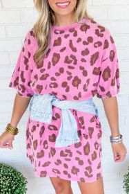 Pink Leopard Mineral Wash Side Pocket T Shirt Mini Dress (size: (US 12-14)L)