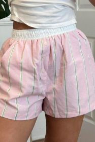Pink Stripe Clashing Button Loose Pocket Shorts (size: (US 12-14)L)