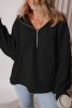 Black Half Zipper Kangaroo Pockets Drop Shoulder Hoodie