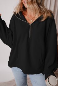 Black Half Zipper Kangaroo Pockets Drop Shoulder Hoodie (size: (US 20-22)2XL)