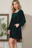Green Square Neck Tie Back Ribbed Velvet Babydoll Dress