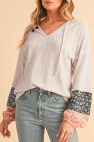 Beige Floral Patchwork Textured Drawstring V Neck Top (size: (US 20-22)2XL)