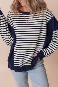 White Stripe Patchwork Exposed Seam Loose Fit Sweatshirt (size: (US 12-14)L)