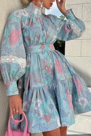 Sky Blue High Neck Allover Print Shirt Dress (size: (US 12-14)L)