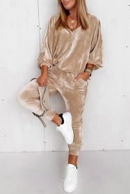 Parchment Velvet Lantern Sleeve Zipped Top & Joggers Pants Set (size: (US 12-14)L)