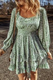 Green Floral Print Square Neck Smocked Waist Tiered Ruffle Mini Dress (size: (US 12-14)L)