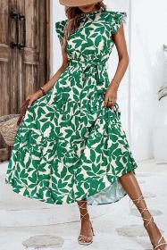 Green Leaf Print Ruffle Mock Neck High Waist Sleeveless Dress (size: (US 20-22)2XL)