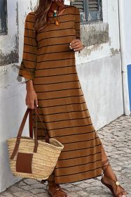 Brown Striped Casual Slit High Waist Midi Dress (size: (US 12-14)L)