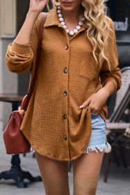 Brown Pocket Buttons Front Waffle Knit Shacket (size: (US 18-20)2XL)