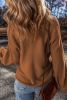 Camel Ribbed Knit Drop Sleeve V Neck Loose Fit Sweater