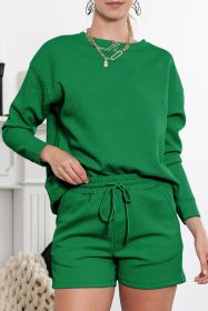 Green Textured Long Sleeve Top & Drawstring Shorts Set (size: (US 20-22)2XL)