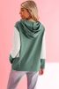 Green Textured Splicing Sleeve Raw Hem Hoodie