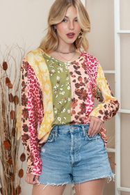 Multicolor Floral and Leopard Print Long Sleeve T Shirt (size: (US 12-14)L)
