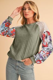 Laurel Green Floral Patchwork Raglan Sleeve Ribbed Blouse (size: (US 20-22)2XL)