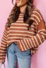 Brown Stripe Casual Round Neck Drop Shoulder Sweater