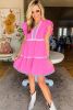 Strawberry Pink Flutter Sleeve V Neck Ric Rac Tiered Dress