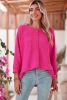 Rose Red Textured Center Seam Long Sleeve Split Top