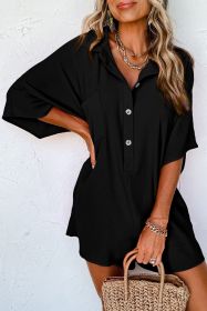 Black Plain Half Button Collared Pocket Loose Romper (size: (US 20-22)2XL)