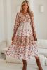 Khaki Floral Print Ruffled Tiered Long Sleeve V Neck Midi Dress
