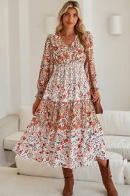 Khaki Floral Print Ruffled Tiered Long Sleeve V Neck Midi Dress (size: (US 12-14)L)