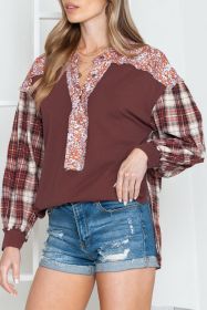Red Floral Plaid Mixed Patchwork Bishop Sleeve Top (size: (US 12-14)L)