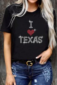 Black Rhinestone I Love TEXAS Graphic T Shirt (size: (US 18-20)2XL)