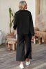 Black Plain Textured Collared V Neck Top and Wide Leg Pants Set