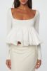 White Elegant Scoop Neck Bubble Hem Long Sleeve Top