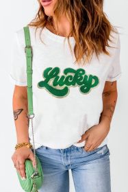 White St Patrick Lucky Chenille Glitter Patched Graphic T Shirt (size: (US 18-20)2XL)