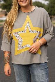 Medium Grey Floral Star Patched 3/4 Sleeve Plus Size Top (size: (US 14W-16W)1X)