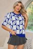 Dark Blue Rugby Plaid Color Block Puff Sleeve Knit Top