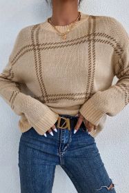 Khaki Plaid Pattern Knitted Drop Shoulder Sweater (size: (US 12-14)L)
