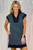 Navy Blue Striped Quarter Zip Collar Cap Sleeve Mini Dress