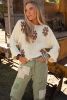 White 60s Floral Pattern Crewneck Sweater