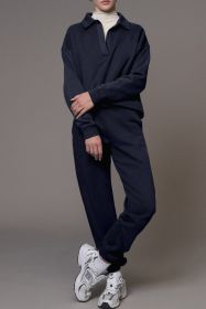 Navy Blue Fold Down Collar Pullover and Joggers Tracksuit (size: (US 20-22)2XL)